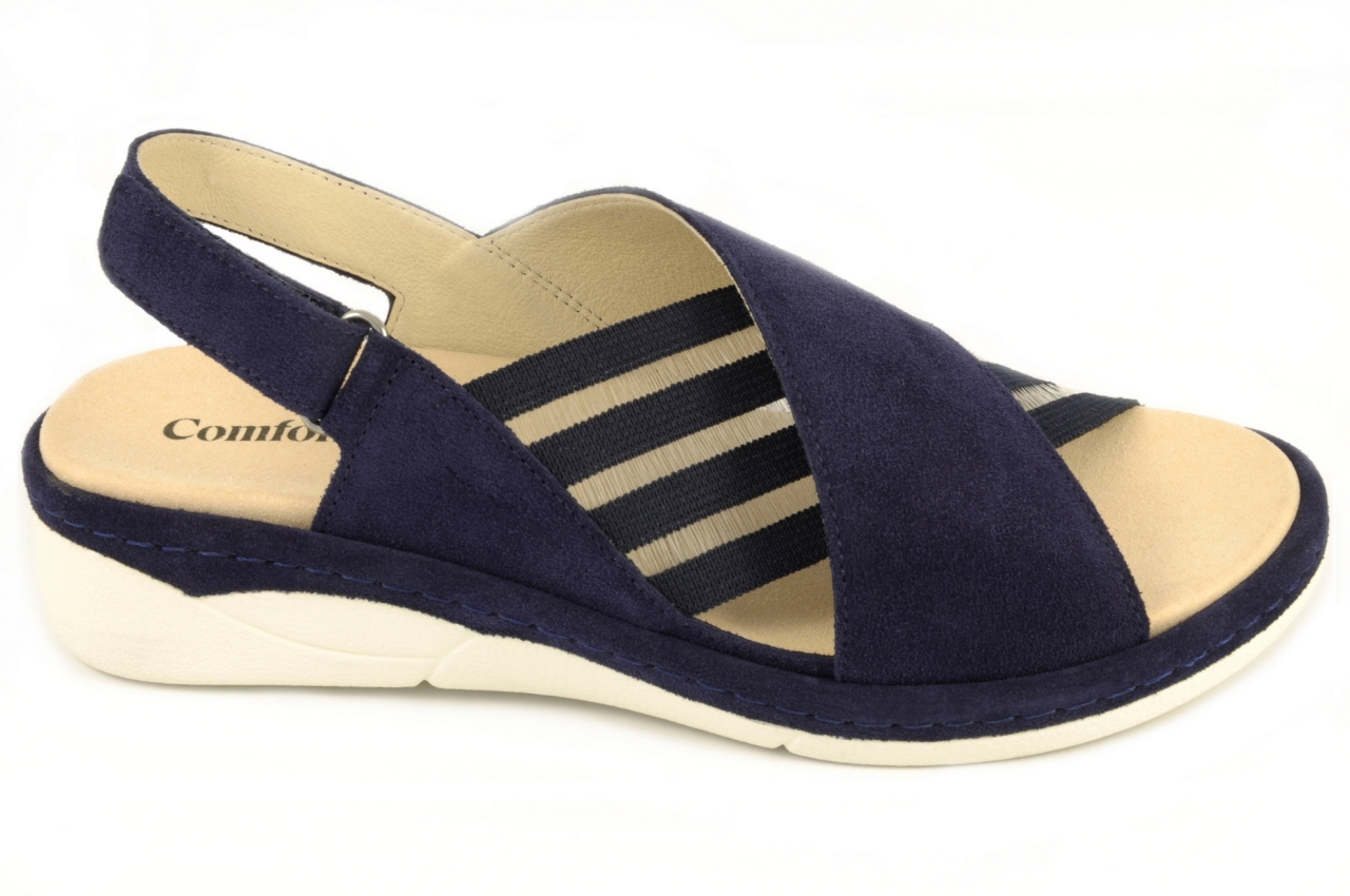 Comfort Class - Sandalia con tiras cruzadas en piel y elástico, admite plantilla ortopédica, calzado para mujer en piel de ante de color azul marino
