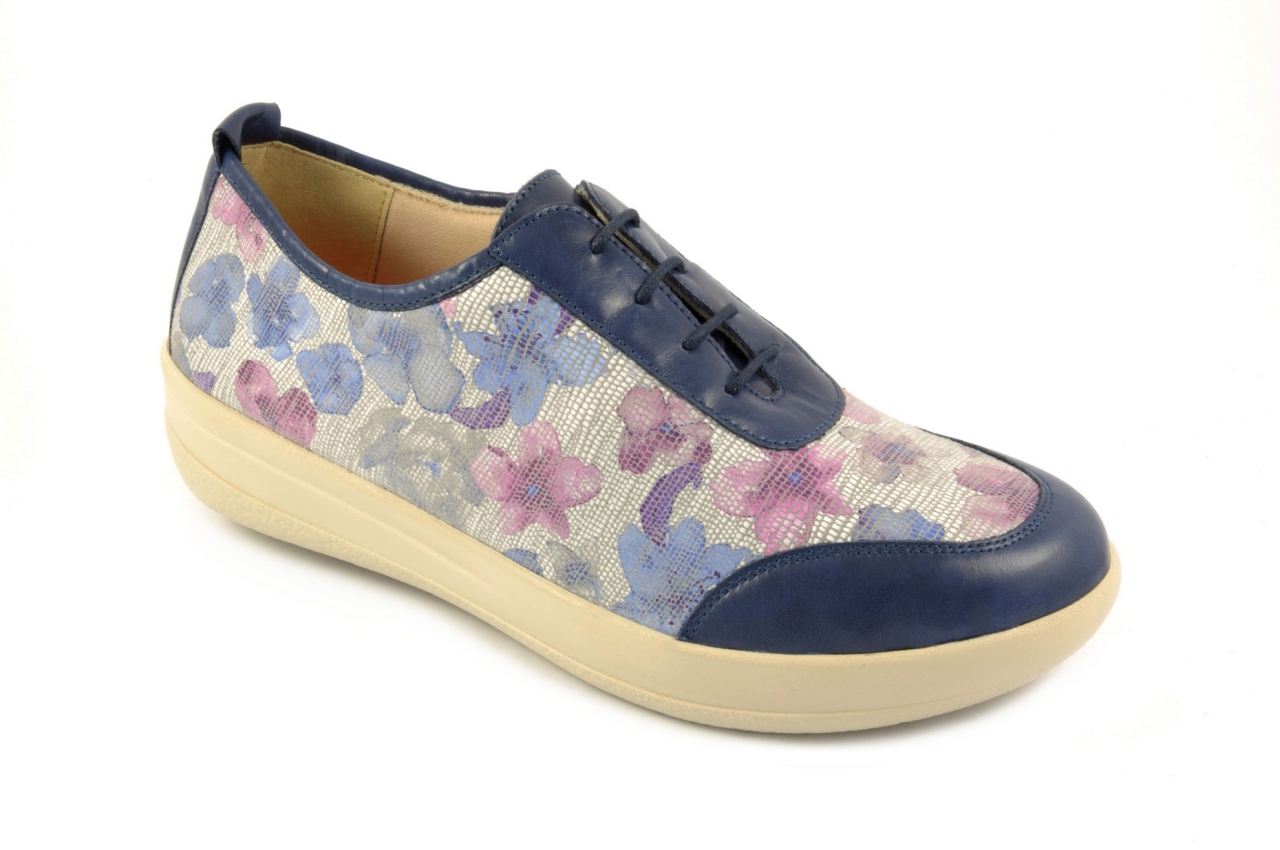 Doctor Cutillas - Zapato con cordones de anchura superior, admite plantilla ortopédica, calzado para mujer combinado con estampado y piel de color azul