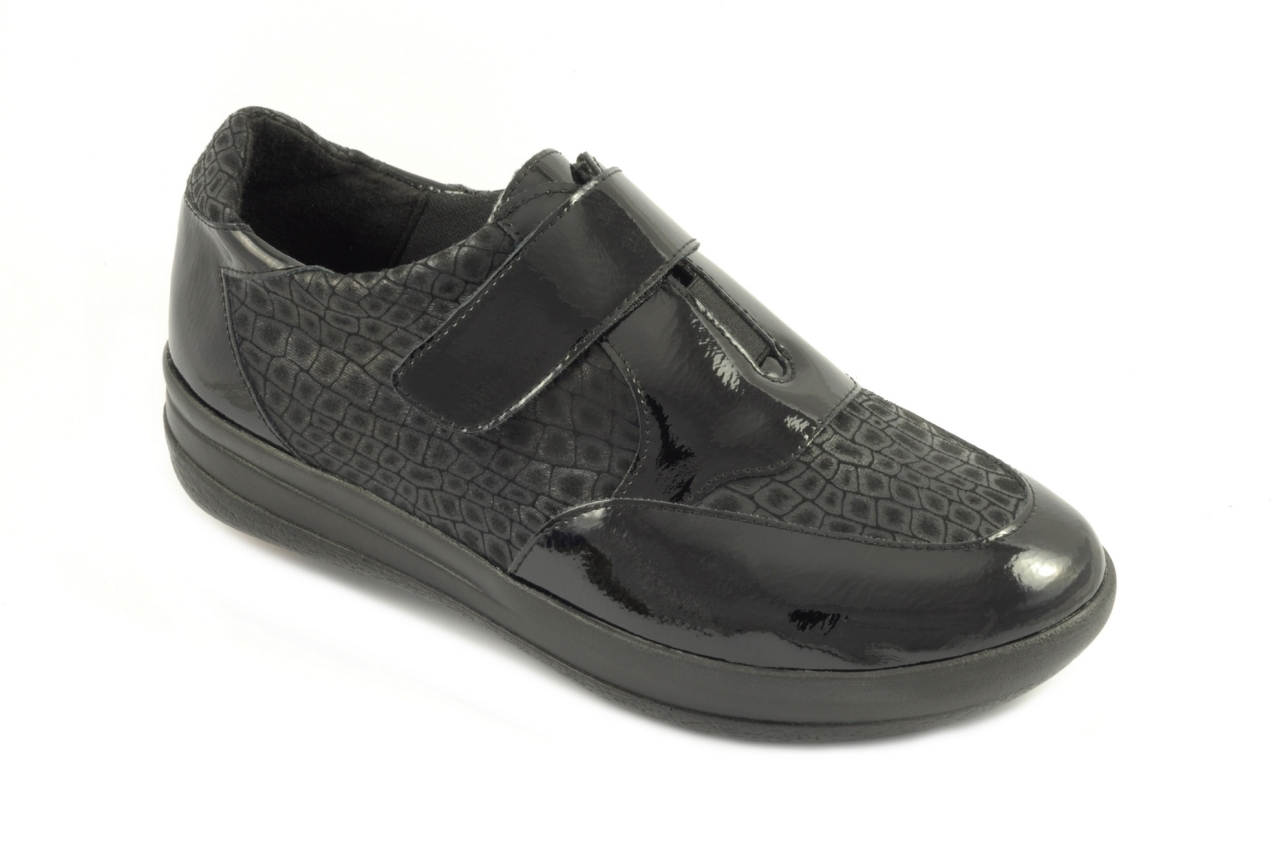 Doctor Cutillas - zapato de ancho especial con velcro combinado en charol y licra, con opción a colocar plantillas ortopédicas, calzado de mujer en color negro