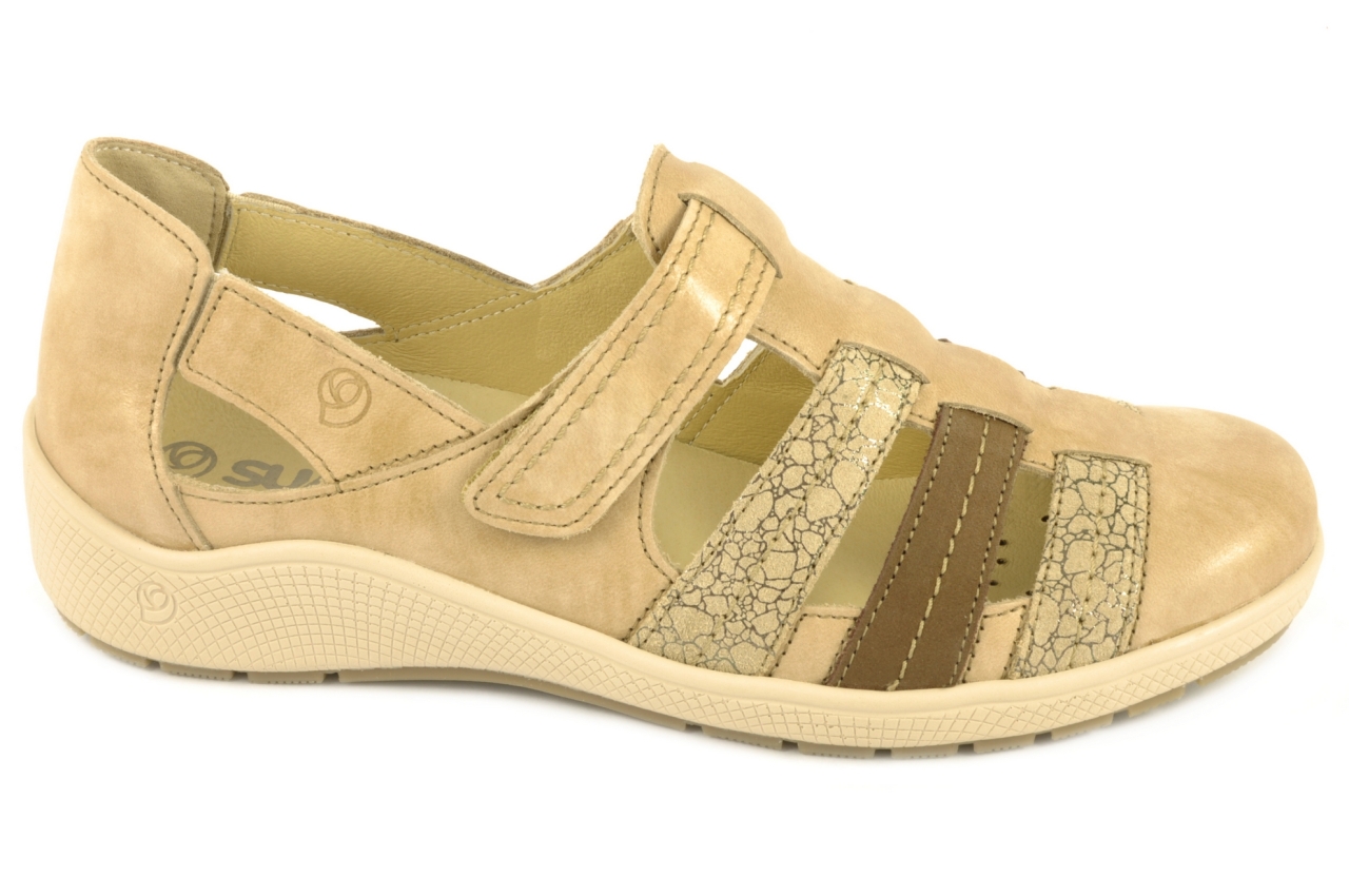 Suave - Sandalia cerrada con tiras y velcro para mujer, admite plantilla ortopédica, combinada en piel de color arena