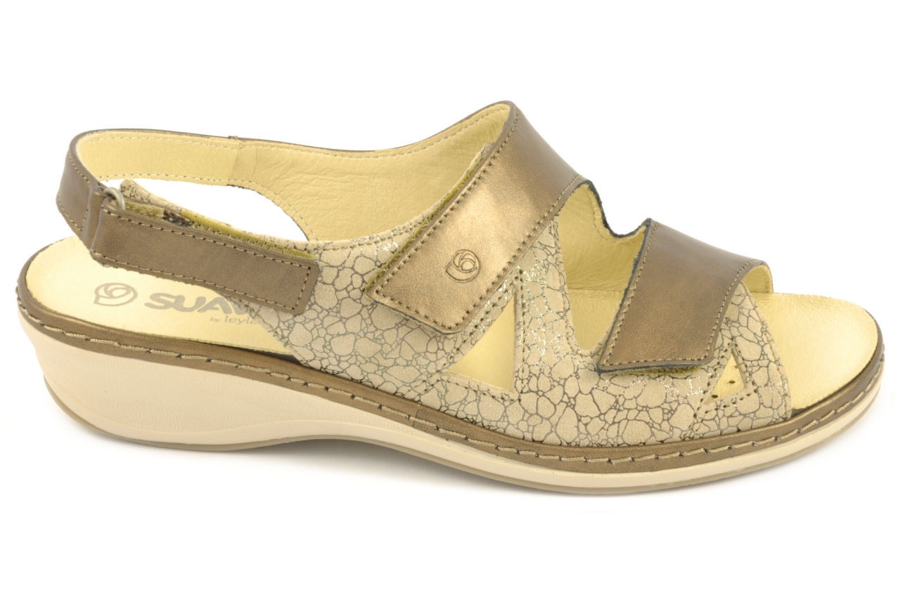 Suave - Sandalia con tres velcros, admite plantilla ortopédica, calzado de mujer combinado en piel de color marrón metalizado