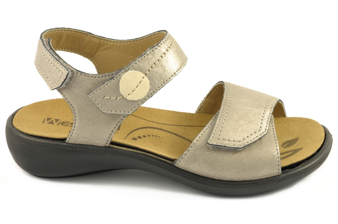 Westland - Sandalia con tiras anchas de velcro, admite plantilla ortopédica, calzado de mujer en piel de color plata