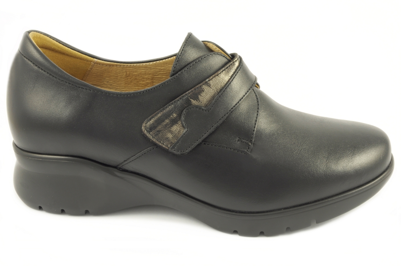 PieSanto - Zapato con velcro sin costuras, admite plantilla ortopédica, calzado para mujer en piel de color negro