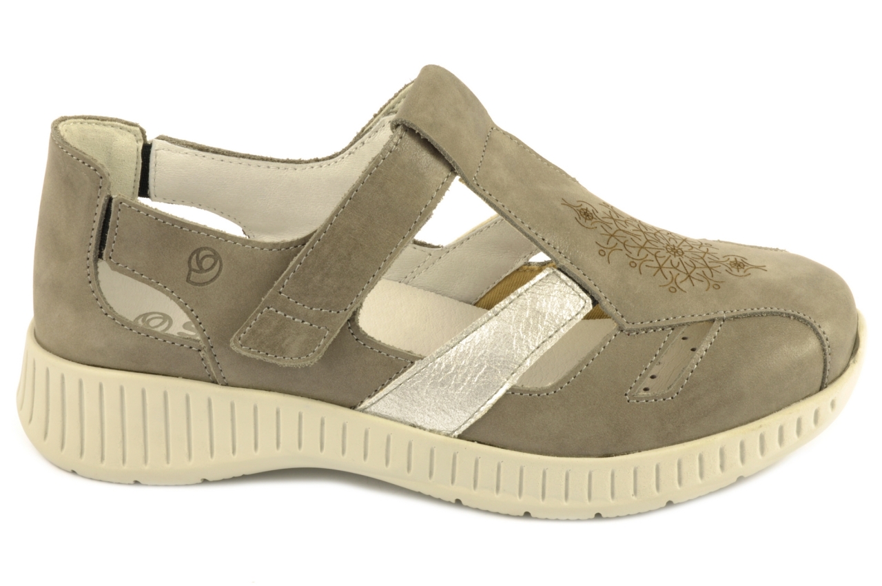 Suave - Sandalia cerrada con aberturas y velcro para mujer, admite plantilla ortopédica, combinada en piel color marrón