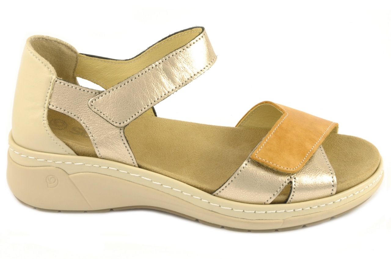 Suave - Zapato con los dedos descubiertos y talón cerrado con tiras de velcro para mujer, admite plantilla ortopédica, combinada en piel de color dorado con cuero