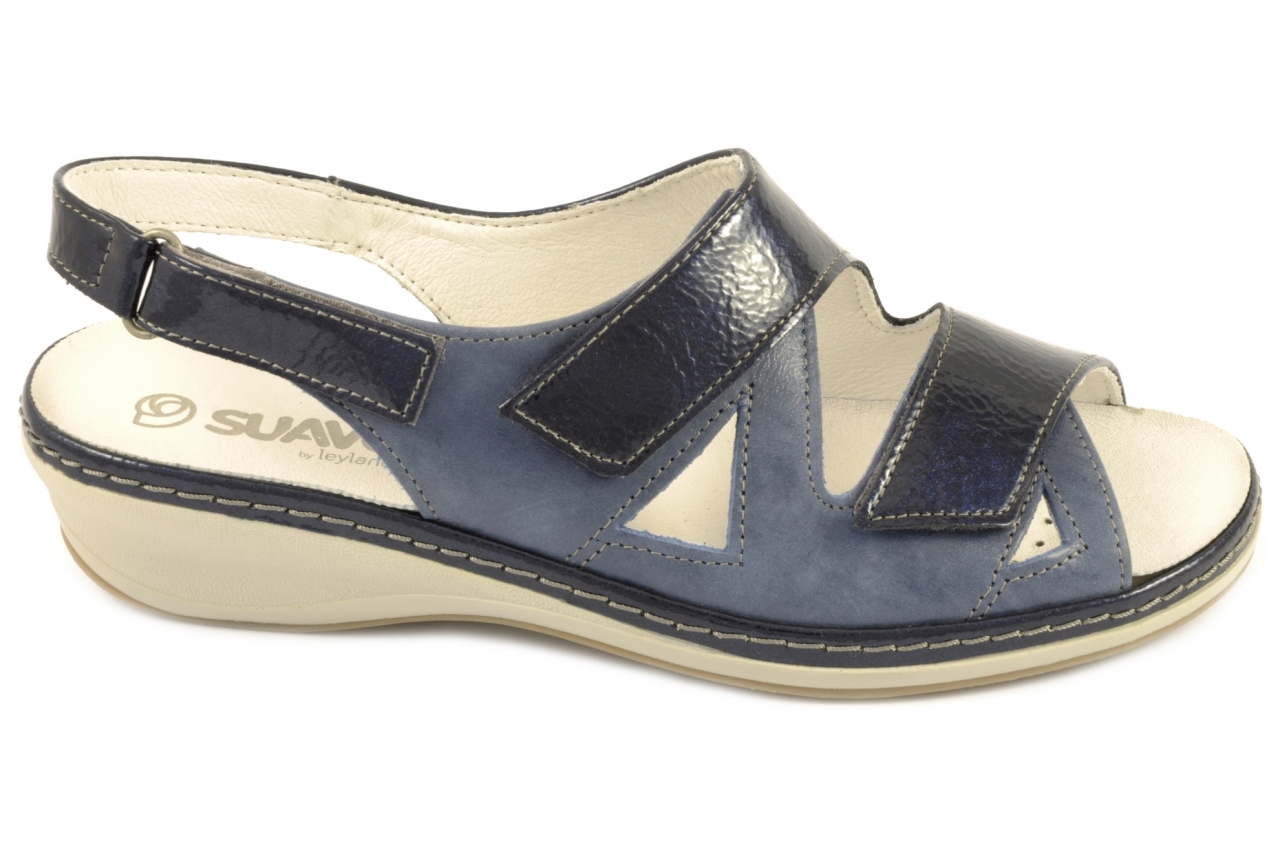 Suave - Sandalia con tres velcros, admite plantilla ortopédica, calzado de mujer combinado en piel y charol de color azul marino