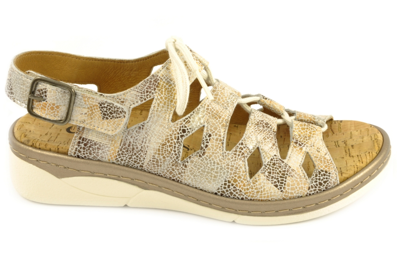 Comfort Class - Sandalia con cordones, admite plantilla ortopédica, calzado de mujer en piel estampada en tonos beige