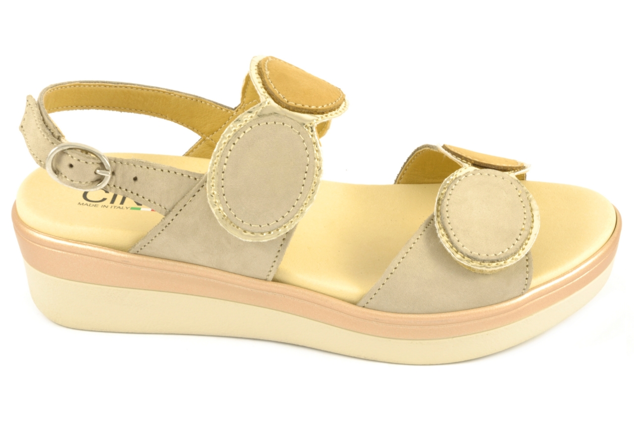 Cinzia - Sandalia con tiras de velcro, admite plantilla ortopédica, zapato de mujer combinado en color taupe y cuero