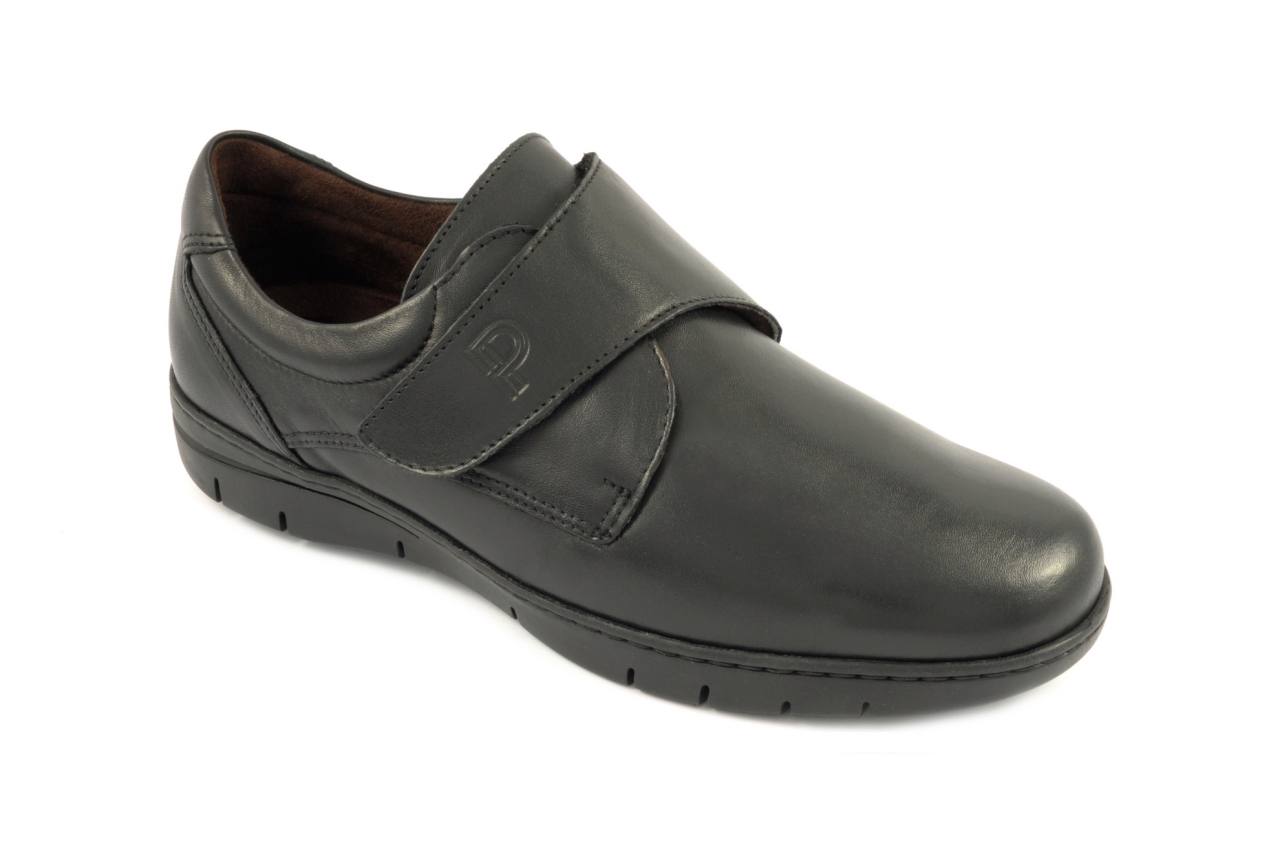 Pitillos - Zapato con velcro sin costuras de horma ancha, admite plantilla ortopédica, calzado de hombre en piel de color negro